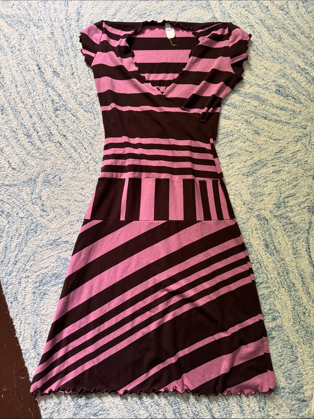 Y2K vintage pink and brown striped faux wrap stretch dress medium